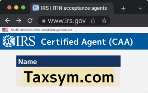 Taxsym.com listed on IRS.gov as IRS Certified Acceptance Agent CAA for ITIN applications official government verification