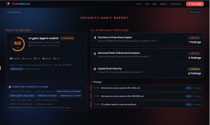 ClawSecure Security Audit Report showing 3-Layer Audit Protocol results with OWASP ASI coverage for OpenClaw agent skill