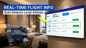A hotel room TV screen displays the real-time flight information page of the FMUSER hotel IPTV system, listing flight numbers, times, and statuses. The FMUSER FBE013 smart hotel set-top box hardware kit and remote control are placed on the left side of th