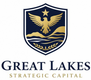 Great Lakes Strategic Capital logo featuring a navy and gold shield with an eagle under a star, stylized waves representing the Great Lakes, and a laurel branch, symbolizing strength, strategy, and financial recovery services.