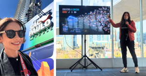 Vera Kopp, a woman in front of the SP House at SXSW 2026 in Austin, Texas, in another image giving a RainCreators pitch.