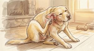 allergies in dogs — itchy dog scratching skin with red irritated coat