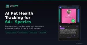 VetGPT app screenshot showing AI pet health tracking dashboard for dogs, cats, reptiles and 64+ species, with health score and vet visit recording features