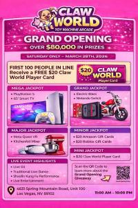 Claw World Chinatown grand opening poster showing $80,000 prize giveaway including PlayStation 5 consoles, TVs, electric bikes and VR headsets in Las Vegas Chinatown