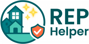 REP Helper logo, a platform for real estate investors to track hours and documentation for IRS Real Estate Professional Status (REPS) and Short-Term Rental (STR) material participation. Available on web, iOS, and Android at rephelper.ai.