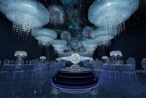 A high-quality photograph of an immersive, high-end hotel banquet hall and wedding venue engineered by JianFan. The dark environment is illuminated by a starry night projection effect on the walls and ceiling. Massive, multi-tiered crystal chandeliers han