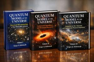 Three volumes of the scientific monograph Quantum Model of the Universe by Sergey G. Kolesnyak, presenting research on quantum physics, gravity, and cosmology.