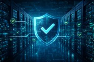 Digital shield with checkmark between server racks, illustrating secure hosting partnership between MIRhosting and Handelzeker.