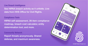 Patient Protect Signal mobile dashboard with HIPAA compliance tools including breach intelligence, risk scoring, and guidance features.