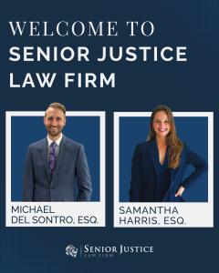 Portraits of attorneys Michael Del Sontro and Samantha Harris joining Senior Justice Law Firm’s litigation team focused on nursing home abuse, elder neglect, and medical malpractice cases.