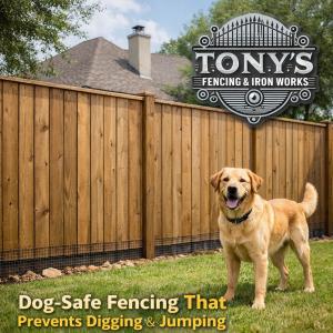 Dog standing in backyard near tall wood privacy fence designed to prevent digging and jumping by Tony’s Fencing & Iron Works.