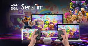 Serafim S3 mobile gaming controller used with smartphone, tablet, desktop monitor and laptop, highlighting cross-platform mobile gaming as part of the Serafim and EET Group European distribution partnership.