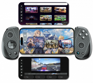 Serafim S3 mobile gaming controller connected to a smartphone displaying the Serafim Console App with game library, gameplay recording, editing, and sharing features.
