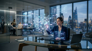 Futuristic artificial intelligence interface representing AI Development Company innovation and AI Development Services UK with data-driven insights.