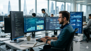 Developer working on machine learning models and analytics dashboards as part of AI Development Services UK provided by an AI Development Company.