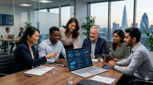 AI Development Company team collaborating in a modern office environment to deliver AI Development Services UK and intelligent business solutions.