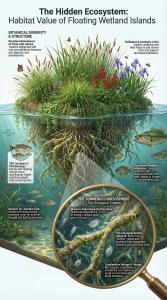 Illustration of a floating treatment wetland with mature plants and a root system under water that supports aquatic life