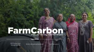A photograph of four smiling women standing outdoors with a green background. Large white text overlay reads "FarmCarbon® Powered by SISTEMA.bio", with "Supported by" and the names of three organizations—"BNP Paribas Asset Management Alts", "British Inter