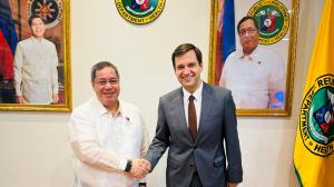 From left to right, Teodoro Herbosa, Secretary of Health of the Philippines, and Dr. Ricardo Baptista Leite, CEO of HealthAI, shaking hands at the Department of Health Office of the Secretary in Manila.