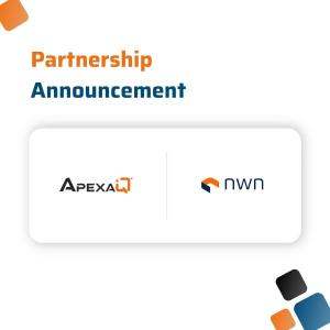 An announcement image, showing ApexaiQ and NWN's logo next to one another. Small highlights of ApexaiQ and NWN's colors