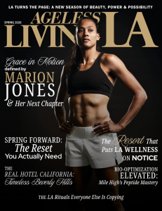 Marion Jones on the cover of Ageless Living Magazine Spring 2026 issue, posing in athletic wear against a dark background, highlighting strength, wellness, and confidence