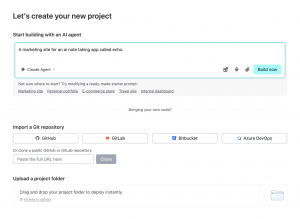 Netlify's new 'Start with a Prompt' UI, featuring a text input for AI agents to build a live web app from a natural language description.