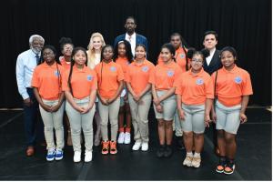 Marshall Davis, Consuelo Vanderbilt Costin, Brent Wright, David X. Sanchez,  Students at the B. Wright Leadership Academy (Photo credit: Shutterstock / Michele Eve Sanberg)