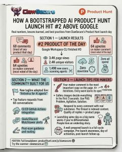 ClawSecure Product Hunt launch infographic showing #2 Product of the Day results with 1,498 users, 68 comments, and zero ad spend, outranking Google