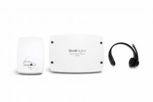 Quail Digital drive-thru communication system with base station, AOT Box, and Pro9 headset used for AI-powered order taking