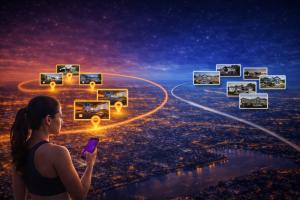 “A woman viewing homes on a smartphone as property listings appear across a city map, illustrating different ways buyers explore real estate online.”