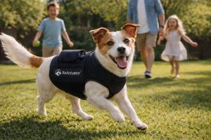 Dog playing outside with family while wearing the RxActuator Mini-Infuser®