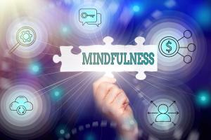 photo of a beautiful image with the words Mindfullness in large letters with a blue background that is blurred out