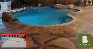 A renovated pool deck using Vistastone Overlay with a smaller embedded image of before application of the overlay