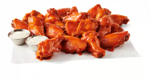 A platter of fresh buffalo wings showing the quality of Atomic Wings' halal and hormone-free menu options