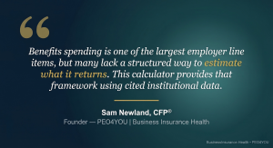 Quote graphic reading: Benefits spending is one of the largest employer line items, but many lack a structured way to estimate what it returns. This calculator provides that framework using cited institutional data. Attributed to Sam Newland, CFP, Founder