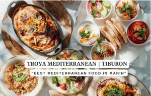 Troya Mediterranean typical food platter with thanks expressed to Marin community