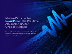NexusPulse launch announcement graphic by Massive Bio showing a digital pulse wave and product headline