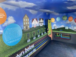 Activity wall in Virginia 811’s Dig Smart Mobile Learning Center with hands-on safe digging displays.