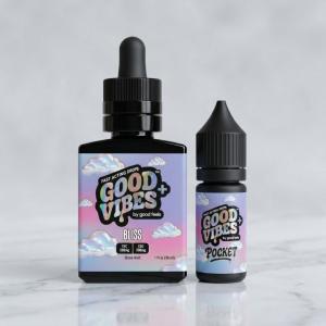Good Vibes Bliss CBG and THC syrup in a 500mg bottle and 150mg pocket sized bottle.