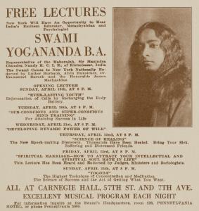 Announcement includes photo of Yogananda and the subject for each evening of his weeklong lecture series in April 2026 at Carnegie Hall