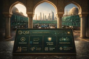 Luxury institutional visual showing Islamic architecture framing a modern capital-markets trading floor with digital market screens and a QSI dashboard. The foreground highlights governance, amanah, protection of wealth, tokenized sukuk, and post-quantum 
