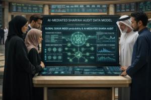 Institutional visual showing a diverse Muslim finance team around a digital governance table in a premium capital-markets setting. Large analytics screens display sukuk, audit, and risk visuals, illustrating AI-mediated Shari’ah audit, governance oversigh