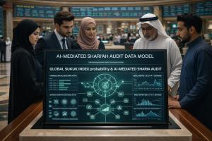 Luxury institutional visual showing two executives in a premium Islamic finance boardroom reviewing a digital governance table. The display highlights quantum asset resilience, tokenized sukuk fraud detection, and Shari'ah audit compliance, with a modern 