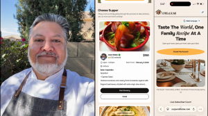 Chef Adam Robles in chef’s apron next to Supper at Home mobile app showing Italian dinner booking and homepage "Taste The World, One Family Recipe At A Time"