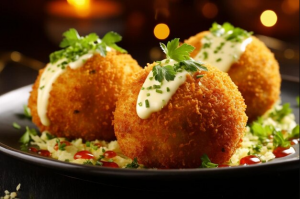 Golden fried Italian arancini rice balls drizzled with creamy sauce and garnished with parsley on a black plate