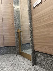 door portal with concealed frame, terrazzo floor, wood wall in luxury residential highrise lobby