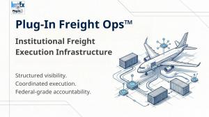 Plug-In Freight Ops institutional freight execution infrastructure connecting aircraft, cargo containers, and digital visibility systems