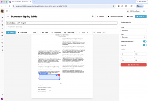 Quilia Ink e-signature document builder interface showing field placement for legal documents in the attorney portal