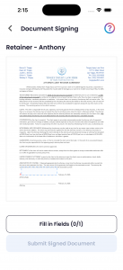 Quilia Ink client mobile view showing a legal document with signature fields and submit button in the Quilia app