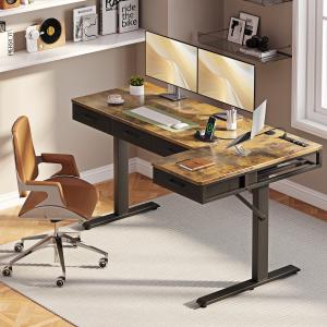 OffiGo 63 inch L-Shaped Electric Standing Desk with Fabric Drawers and Built-in Power Outlets